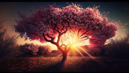 Beautiful nature scene with blooming tree and sun flare generative ai