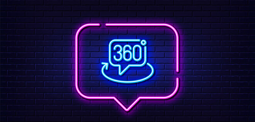 Neon light speech bubble. 360 degree line icon. VR technology simulation sign. Panoramic view symbol. Neon light background. 360 degree glow line. Brick wall banner. Vector