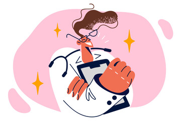 Happy woman nurse holds clipboard to record symptoms of patients who booked doctor consultation