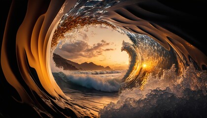 Wave tunnel golden hour ocean beach sun created with AI
