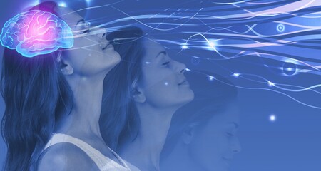 Young woman and neon light brain.