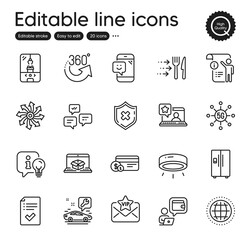 Set of Technology outline icons. Contains icons as Chat messages, Led lamp and Approved checklist elements. Food delivery, Online rating, Smile web signs. Versatile, Wallet, Vip mail elements. Vector