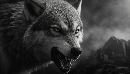 Greyscale closeup shot of an angry wolf with a blurred background generative ai