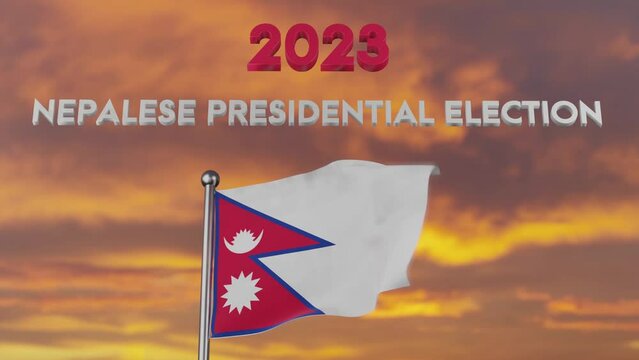 Nepalese presidential election 2023 text with nepalese flag waving at sunset.