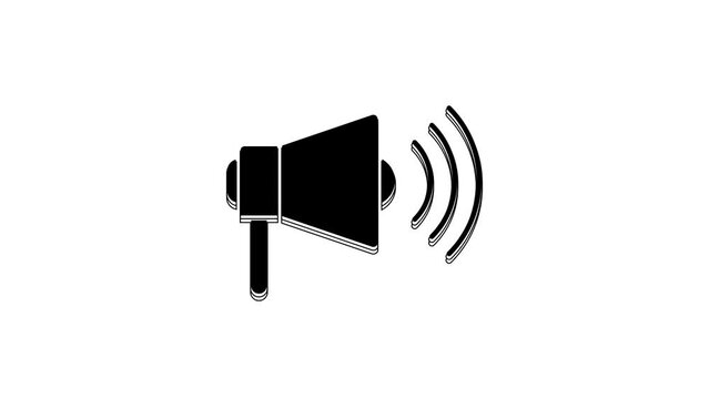 Black Megaphone icon isolated on white background. Loud speach alert concept. Bullhorn for Mouthpiece scream promotion. 4K Video motion graphic animation