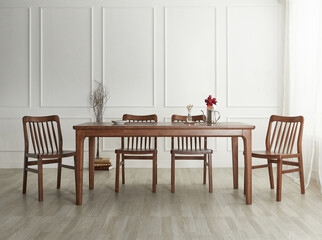 Wood dining table landscape with sunlight.