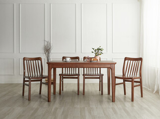 Wood dining table landscape with sunlight.