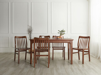 Wood dining table landscape with sunlight.