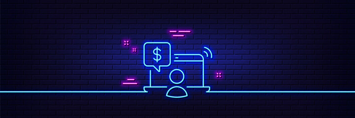 Neon light glow effect. Online shopping line icon. Internet buying sign. Supermarket purchases symbol. 3d line neon glow icon. Brick wall banner. Online shopping outline. Vector
