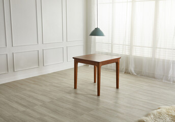 Wood dining table landscape with sunlight.