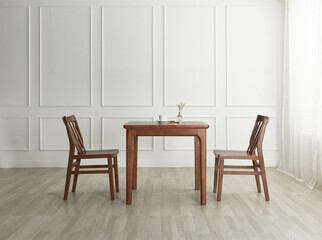 Wood dining table landscape with sunlight.