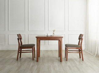 Fototapeta na wymiar Wood dining table landscape with sunlight.