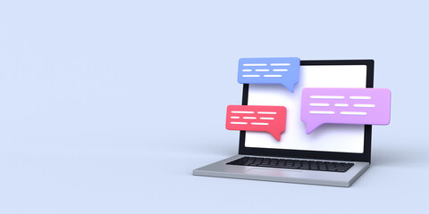 Online communication banner. Laptop with chat bubble notifications. Internet messaging