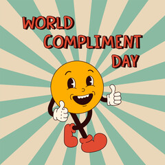 World compliment day concept. Retro groovy smiling character with thumbs up in 60s 70s cartoon flat style. - obrazy, fototapety, plakaty