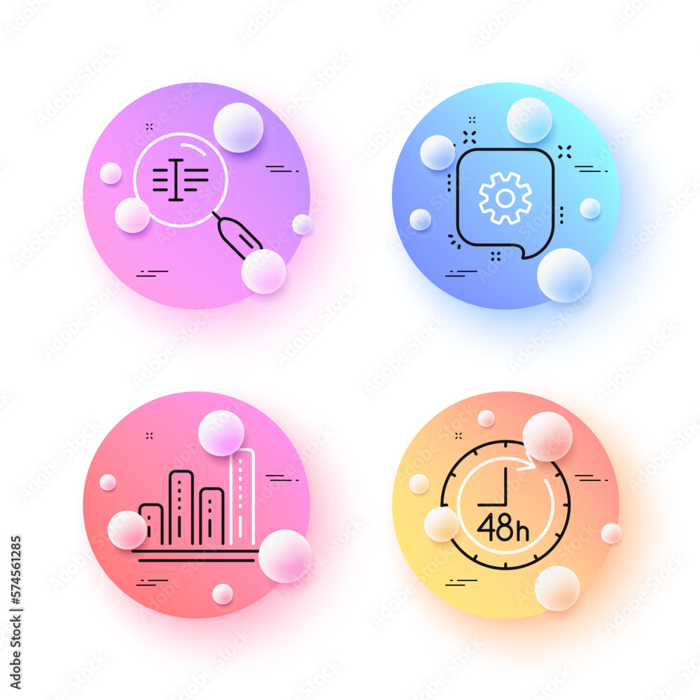 Poster cogwheel, 48 hours and graph chart minimal line icons. 3d spheres or balls buttons. search text icon