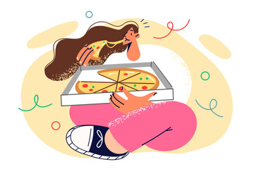 Hungry woman sitting on floor with pizza inside box delivered from italian food restaurant