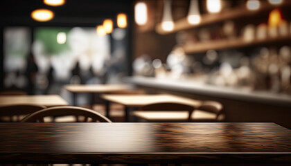 Fototapeta na wymiar Table top with Blurred Bar restaurant cafe interior background generative ai