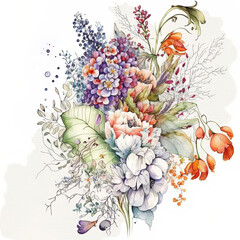 Spring flowers, bouquet of spring blossoms, bunch of fresh flowers, watercolor-style, delicate and beautiful illustration. Generative AI.