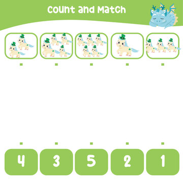 Count and match the images with the number worksheet for preschool kids. Educational printable math worksheet. Math game for children. Cute and kawaii baby dragon and unicorn edition. Vector file. 