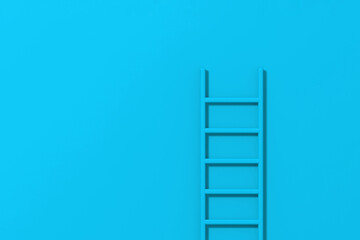 Blue staircase on blue background. Staircase stands vertically near wall. Way to success concept. Horizontal image. 3d image. 3D rendering.