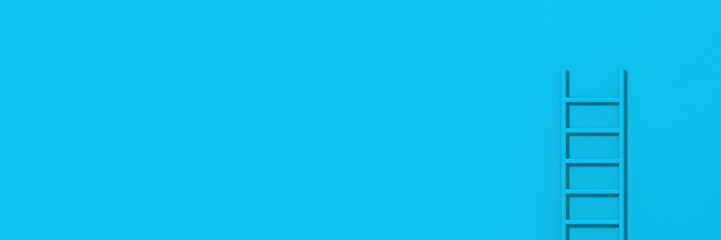 Blue staircase on blue background. Staircase stands vertically near wall. Way to success concept. Horizontal image. Banner for insertion into site. 3d image. 3D rendering.