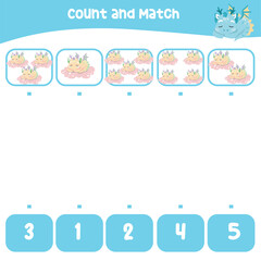 Count and match the images with the number worksheet for preschool kids. Educational printable math worksheet. Math game for children. Cute and kawaii baby dragon and unicorn edition. Vector file. 