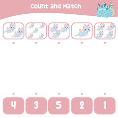 Count and match the images with the number worksheet for preschool kids. Educational printable math worksheet. Math game for children. Cute and kawaii baby dragon and unicorn edition. Vector file. 