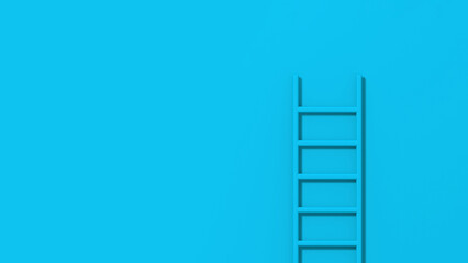 Blue staircase on blue background. Staircase stands vertically near wall. Way to success concept. Horizontal image. 3d image. 3D rendering.