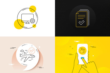 Minimal set of Handout, Confirmed flight and Loyalty points line icons. Phone screen, Quote banners. Monitor settings icons. For web development. Vector