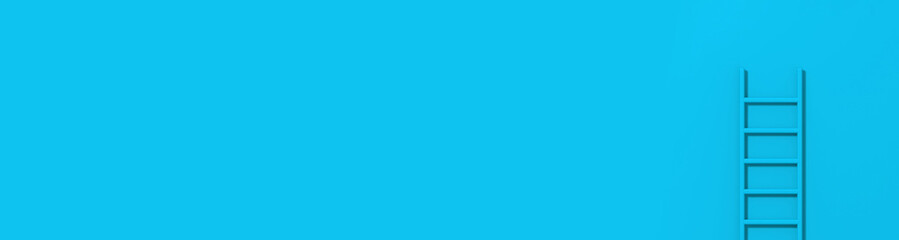 Blue staircase on blue background. Staircase stands vertically near wall. Way to success concept. Horizontal image. Banner for insertion into site. 3d image. 3D rendering.