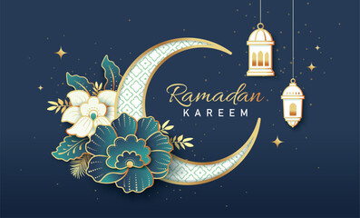 Islamic festival poster background design with flowers and lanterns,  suitable for Ramadan Kareem , Hari Raya, Eid Mubarak, Eid al Adha. - obrazy, fototapety, plakaty