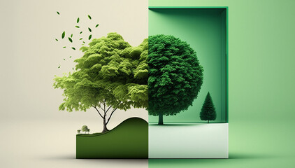 green abstract with plants, trees morphing into each other