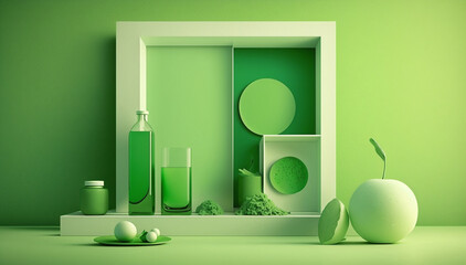 green abstract with pots, vases in a frame