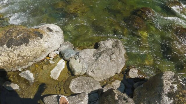 POV Walking on River Rocks with Scenic Rapids