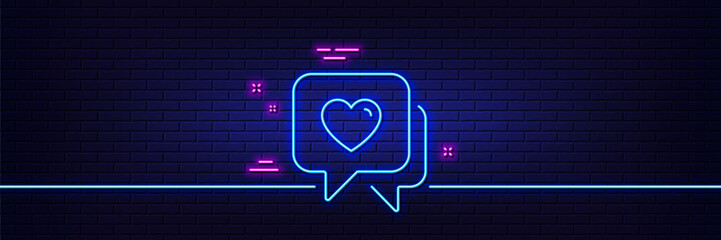 Neon light glow effect. Heart line icon. Love chat sign. Valentine day symbol. 3d line neon glow icon. Brick wall banner. Heart outline. Vector