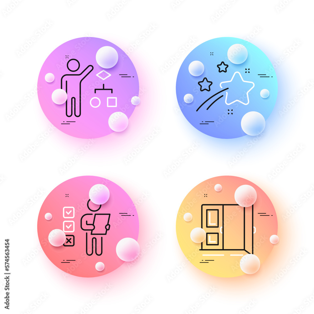 Aufkleber voting ballot, algorithm and falling star minimal line icons. 3d spheres or balls buttons. open door