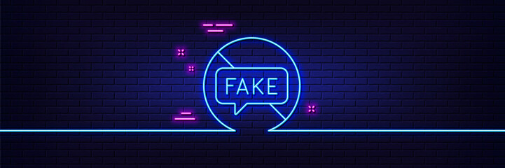 Neon light glow effect. Fake news line icon. Stop propaganda conspiracy sign. Wrong truth symbol. 3d line neon glow icon. Brick wall banner. Fake news outline. Vector
