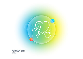 Hold heart line icon. Gradient blur button with glassmorphism. Care love emotion sign. Valentine day symbol. Transparent glass design. Hold heart line icon. Vector