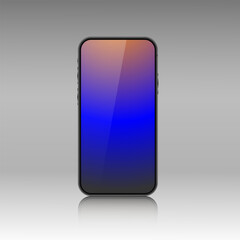 A smartphone layout with a color gradient screen. Realistic 3D mobile phone with shadow and glare on a gray background. Front view of the device. Vector illustration.