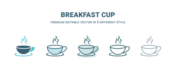 breakfast cup icon in 5 different style. Outline, filled, two color, thin breakfast cup icon isolated on white background. Editable vector can be used web and mobile