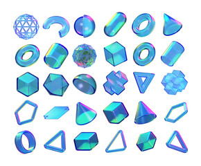 Set of 3d render realistic primitives on white background. Isolated graphic elements. Spheres, torus, tubes, cones and other geometric shapes, holographic glass colors for trendy designs.