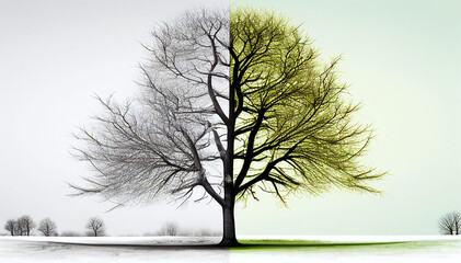 illustration of a tree in winter merging into spring time
