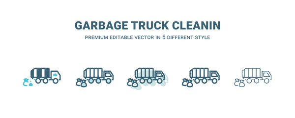 Fototapeta na wymiar garbage truck cleanin icon in 5 different style. Outline, filled, two color, thin garbage truck cleanin icon isolated on white background. Editable vector can be used web and mobile