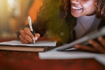 Musician, hands or song writing paper and tablet in recording studio for album, night performance...