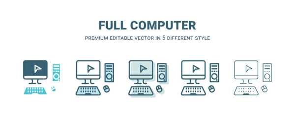 full computer icon in 5 different style. Outline, filled, two color, thin full computer icon isolated on white background. Editable vector can be used web and mobile