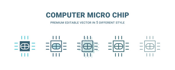 computer micro chip icon in 5 different style. Outline, filled, two color, thin computer micro chip icon isolated on white background. Editable vector can be used web and mobile