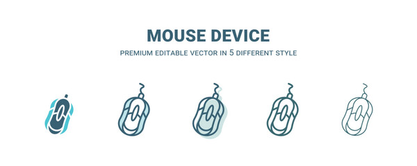 mouse device icon in 5 different style. Outline, filled, two color, thin mouse device icon isolated on white background. Editable vector can be used web and mobile