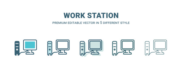 work station icon in 5 different style. Outline, filled, two color, thin work station icon isolated on white background. Editable vector can be used web and mobile