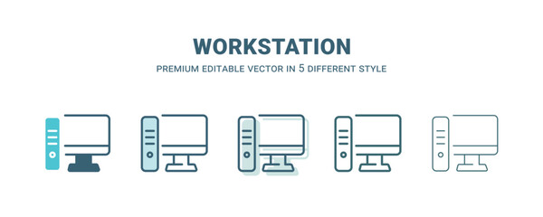 workstation icon in 5 different style. Outline, filled, two color, thin workstation icon isolated on white background. Editable vector can be used web and mobile