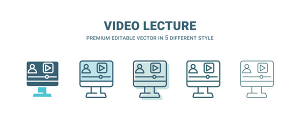 Fototapeta premium video lecture icon in 5 different style. Outline, filled, two color, thin video lecture icon isolated on white background. Editable vector can be used web and mobile